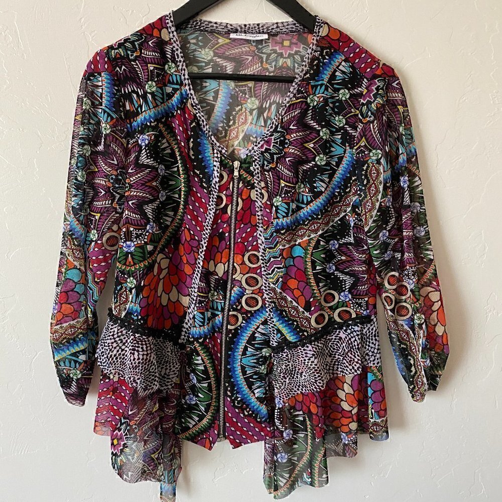 Vintage Patchington Abstract Mesh Zip Jacket Boho Artsy Lightweight S/M